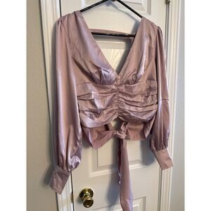 Bebe Puff Sleeve Top Mauve Pink Ruched Tie Back Crop Blouse 6 NEW